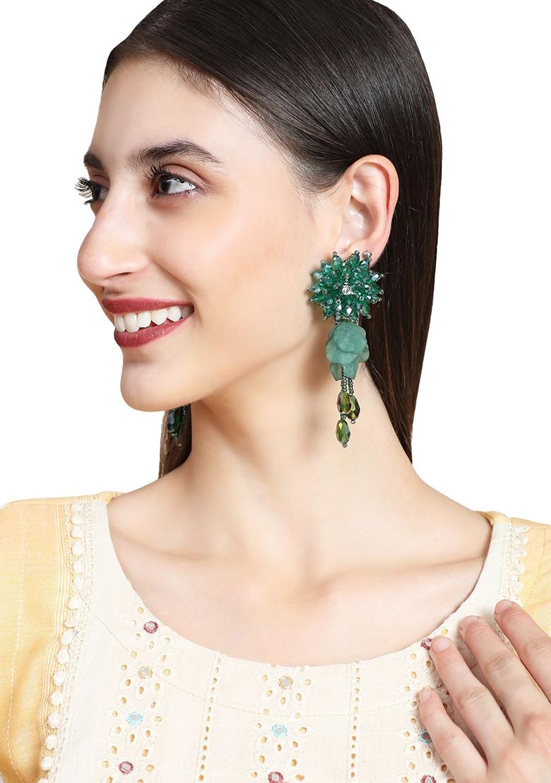 Green Pearls Alloy Earrings - Indya