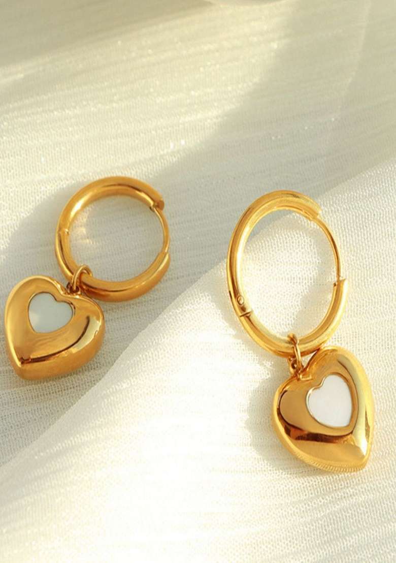 Gold Plated Heart Drops Hoop Earrings - Indya
