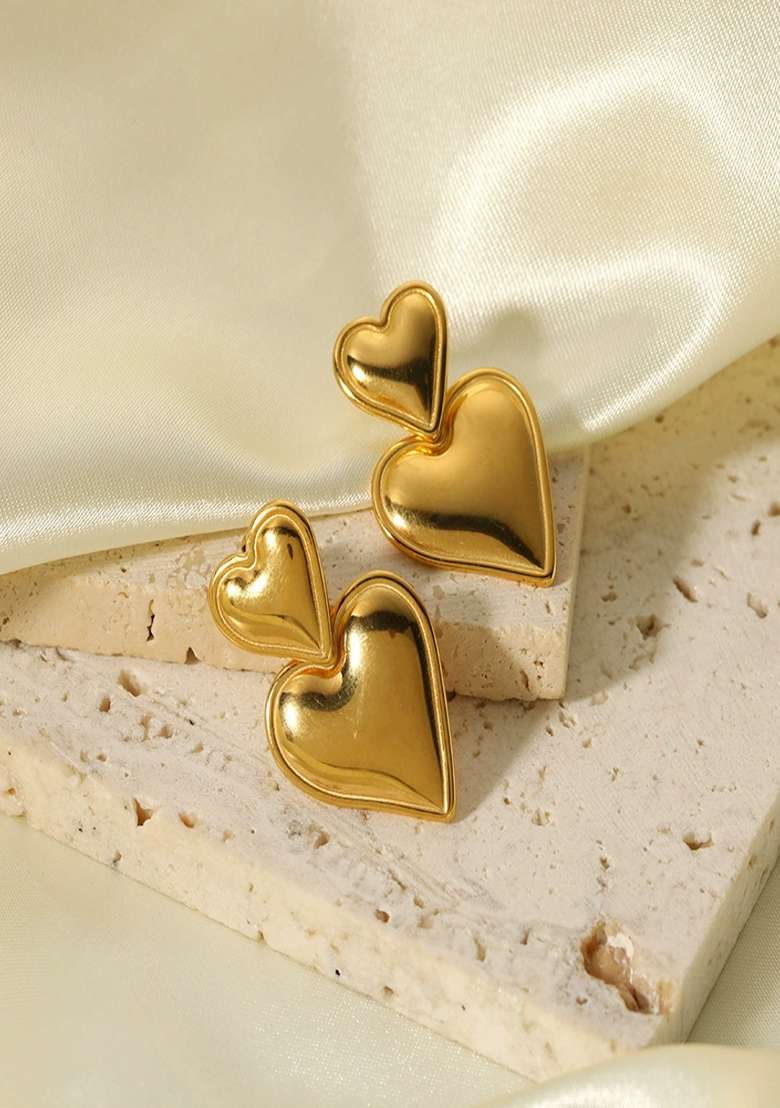 Gold Plated Duo Heart Drop Stud Earrings - Indya
