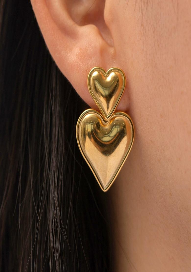 Gold Plated Duo Heart Drop Stud Earrings