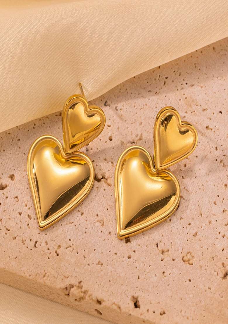 Gold Plated Duo Heart Drop Stud Earrings - Indya