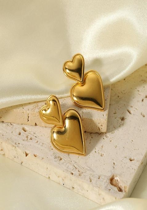 Gold Plated Duo Heart Drop Stud Earrings