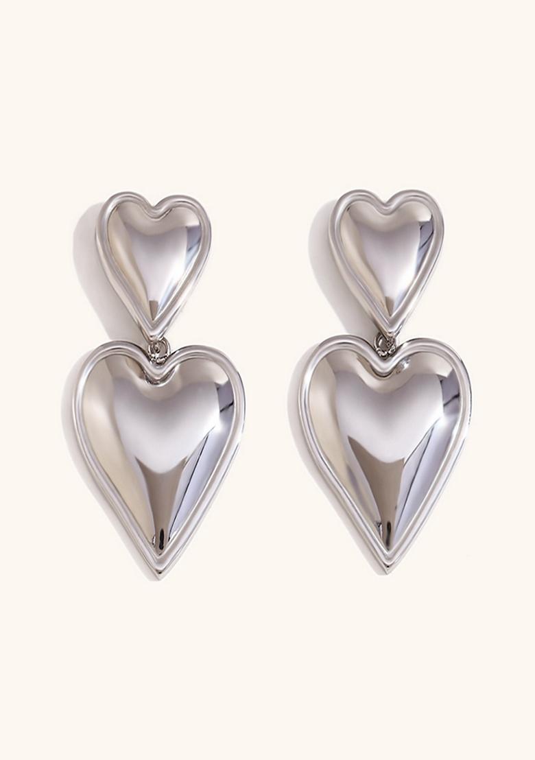 Silver Platedduo Heart Drop Stud Earrings