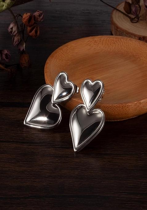 Silver Platedduo Heart Drop Stud Earrings