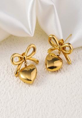 Gold Plated Bow And Heart Drop Stud Earrings