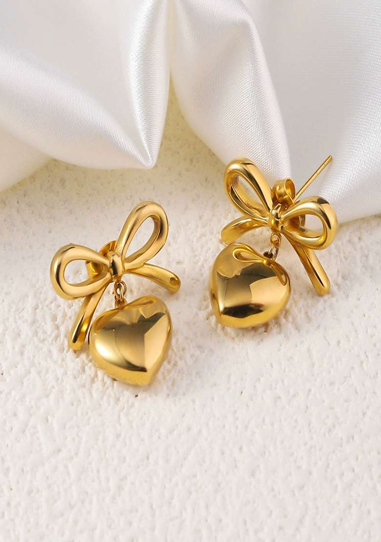 Gold Plated Bow And Heart Drop Stud Earrings - Indya