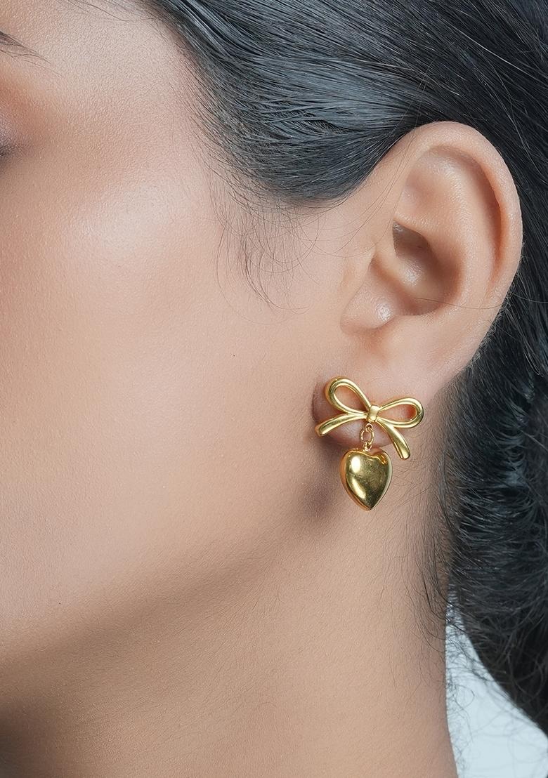 Gold Plated Bow And Heart Drop Stud Earrings