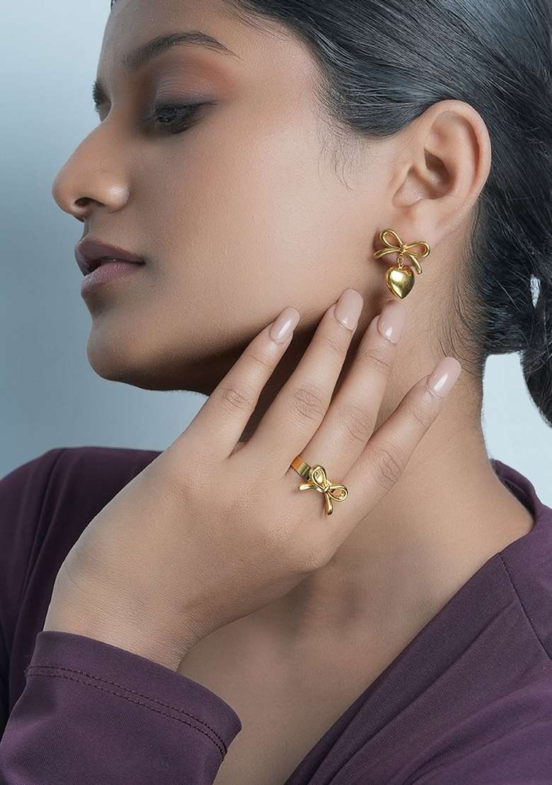 Gold Plated Bow And Heart Drop Stud Earrings - Indya