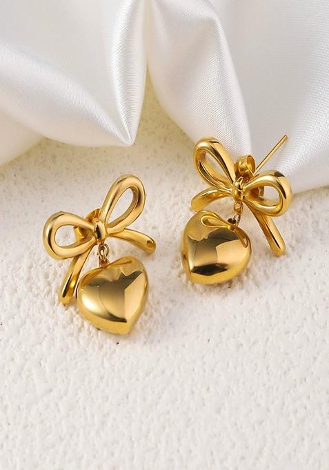 Gold Plated Bow And Heart Drop Stud Earrings