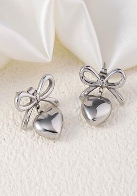 Silver Plated Bow And Heart Drop Stud Earrings