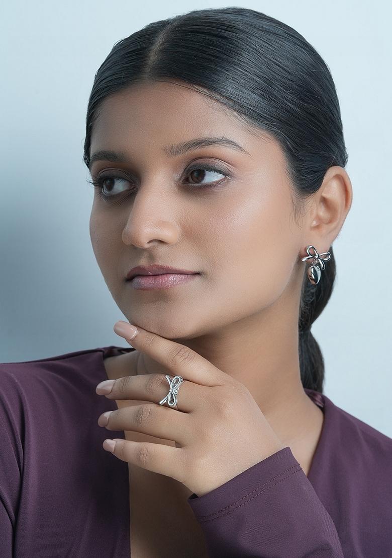 Silver Plated Bow And Heart Drop Stud Earrings