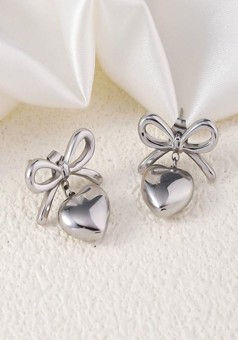 Silver Plated Bow And Heart Drop Stud Earrings