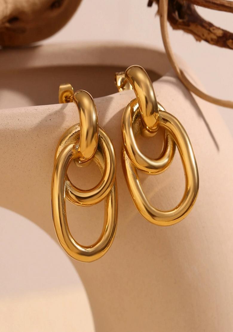 Gold Plated Waterproof Antitarnish Triple Loop Drop Earrings