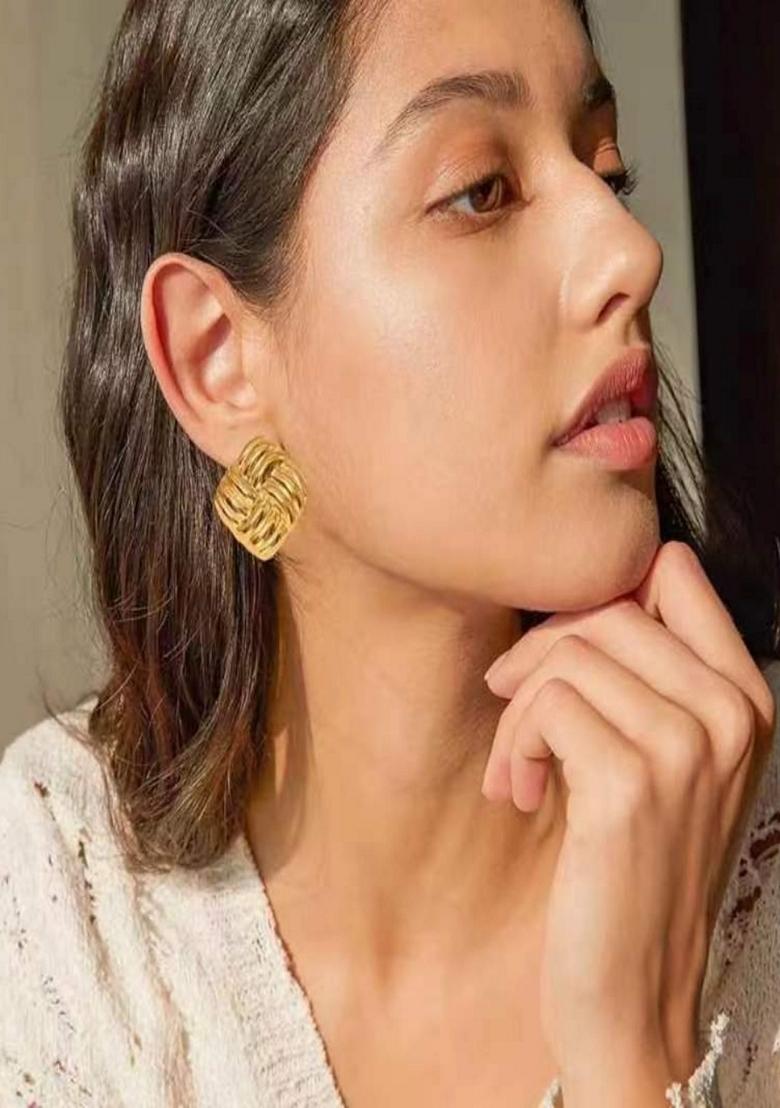 Gold Plated Square Ribbed Folded Design Studs