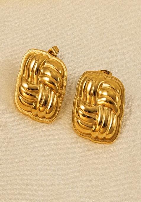 Gold Plated Square Ribbed Folded Design Studs