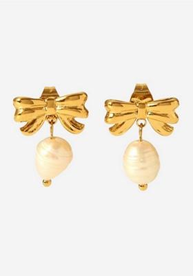 Gold Platedbow With Pearl Drop Stud Earrings
