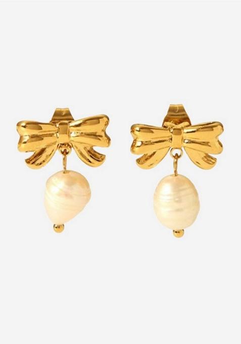 Gold Platedbow With Pearl Drop Stud Earrings