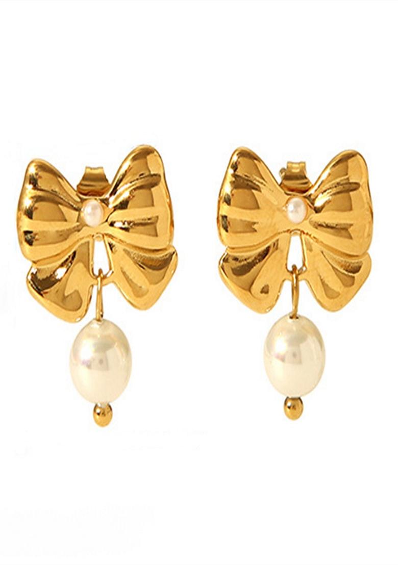 Gold Platedbow With Pearl Drop Stud Earrings