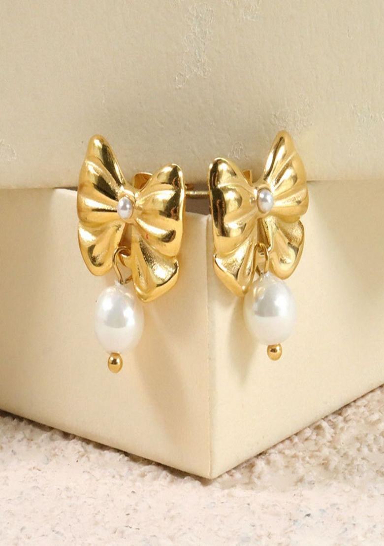 Gold Platedbow With Pearl Drop Stud Earrings
