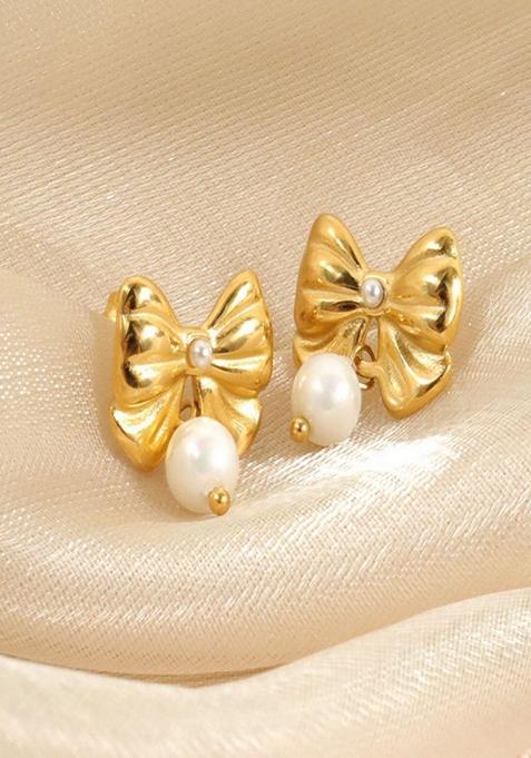 Gold Platedbow With Pearl Drop Stud Earrings