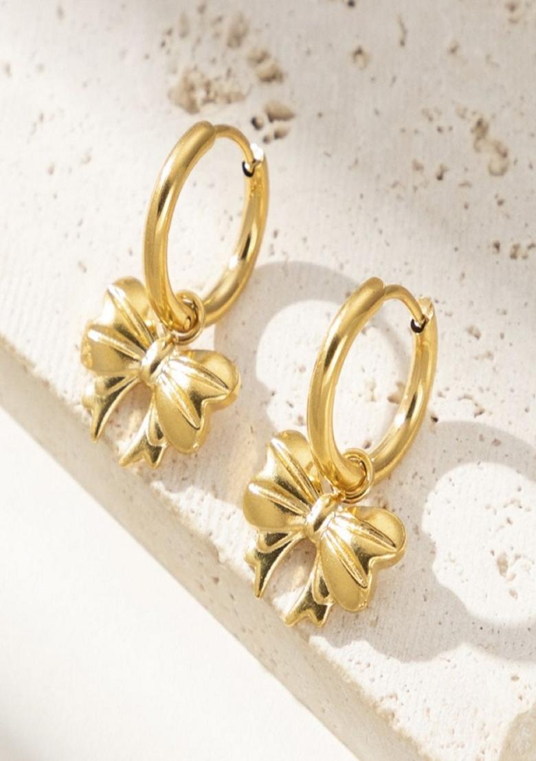 Gold Plated Bow Drop Huggie Earrings