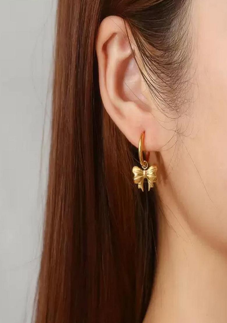Gold Plated Bow Drop Huggie Earrings