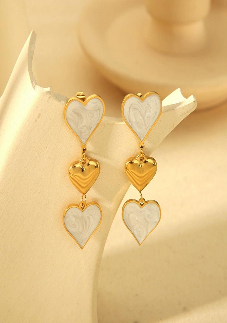 White Triple Heart Drop Earrings