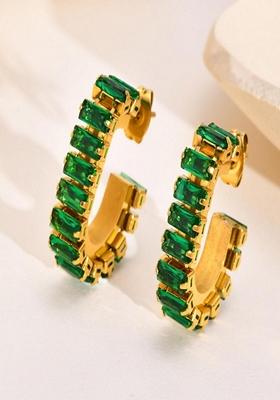 Green Waterproof Antitarnish C Shaped Emerald Zircon Earrings
