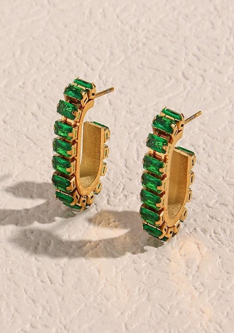 Green Waterproof Antitarnish C Shaped Emerald Zircon Earrings