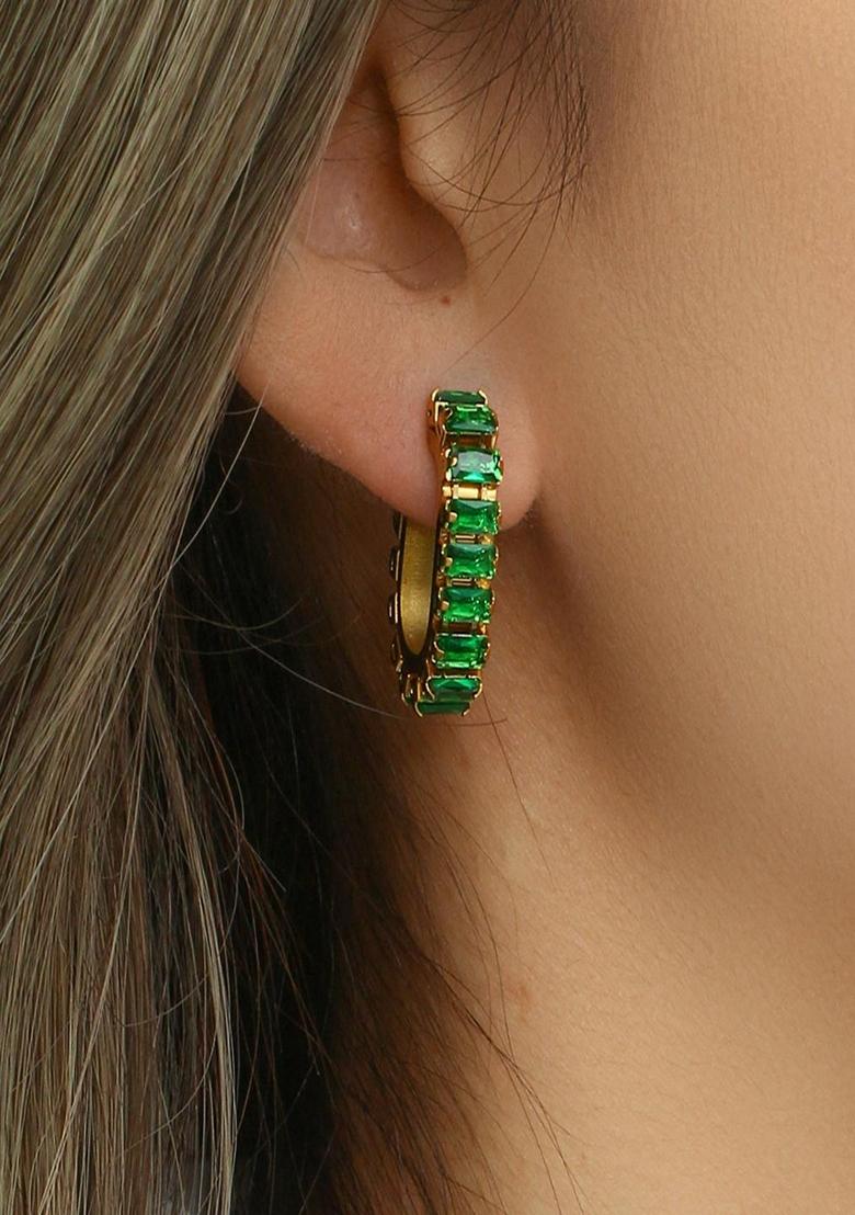 Green Waterproof Antitarnish C Shaped Emerald Zircon Earrings
