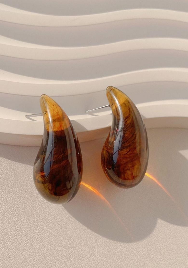 Brown Marble Resin Brown Marbled Tear Drop Bottega Stud Earrings
