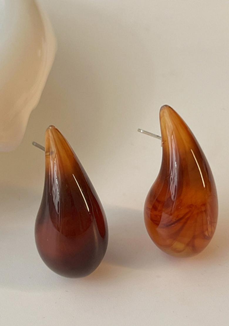 Brown Marble Resin Brown Marbled Tear Drop Bottega Stud Earrings