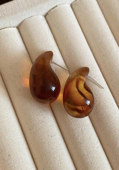 Brown Marble Resin Brown Marbled Tear Drop Bottega Stud Earrings