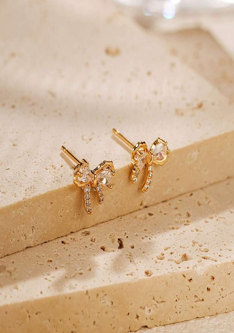 Gold Plated Zircon Bow Stud Earrings - Indya