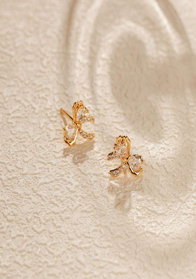 Gold Plated Zircon Bow Stud Earrings - Indya