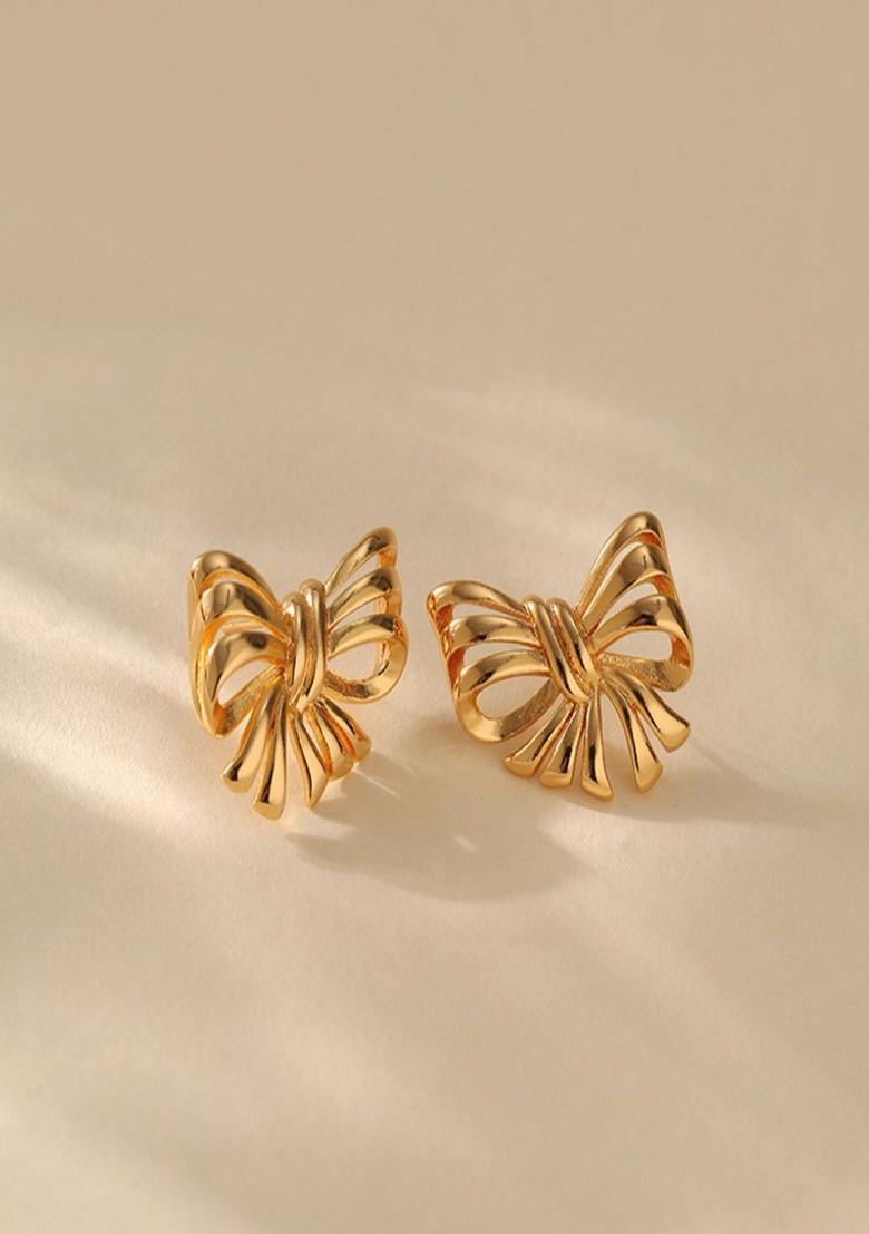 Gold Plated Ribbon Bow Stud Earrings