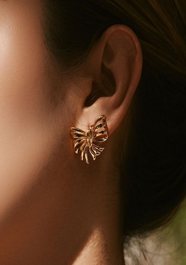 Gold Plated Ribbon Bow Stud Earrings