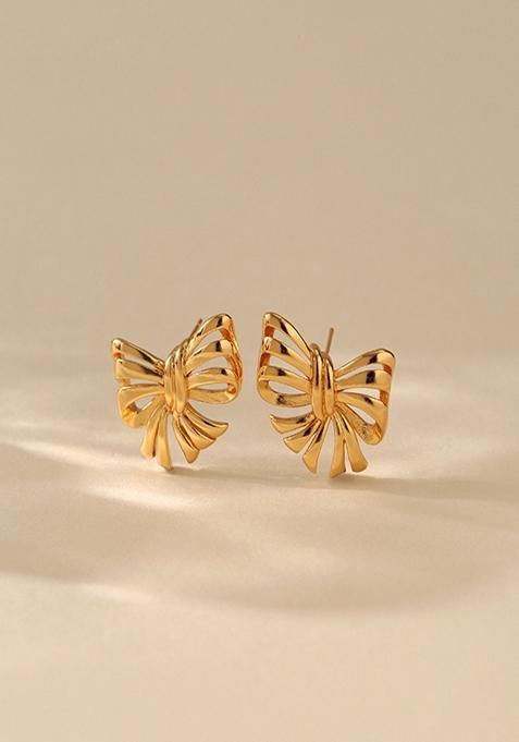 Gold Plated Ribbon Bow Stud Earrings