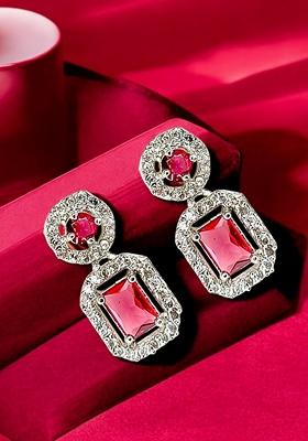 Silver Plated American Diamond Pink Drop Earrings