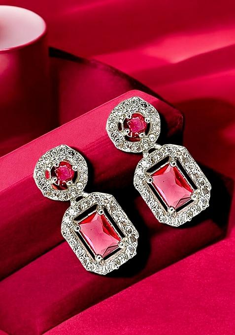Silver Plated American Diamond Pink Drop Earrings