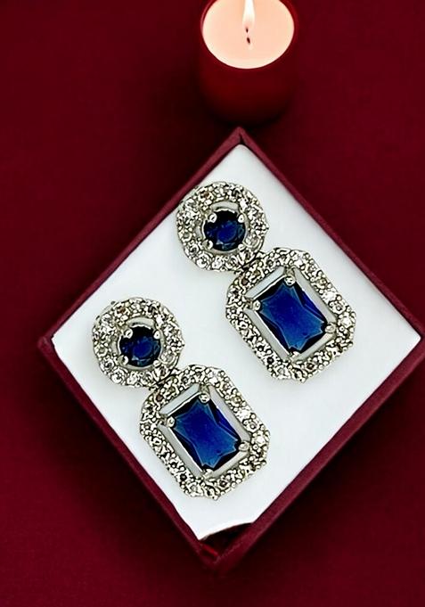 Silver Plated American Diamond Sapphire Blue Drop Earrings