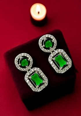 Silver Plated American Diamond Green Drop Earrings