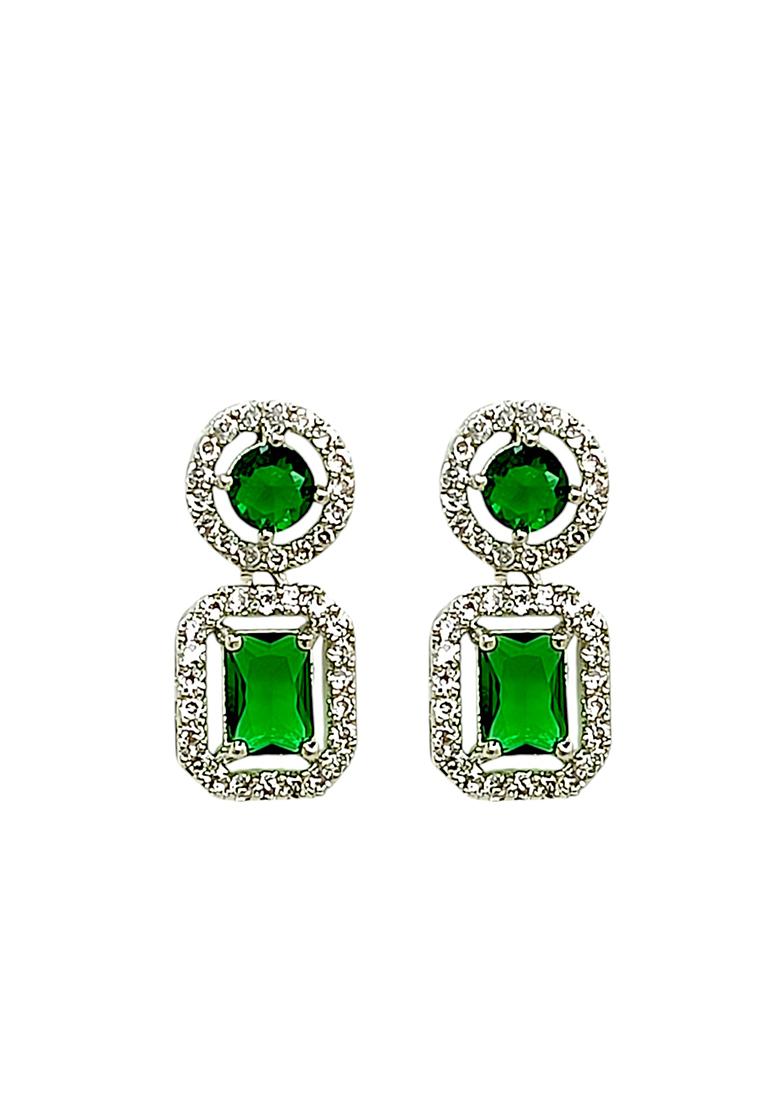 Silver Plated American Diamond Green Drop Earrings
