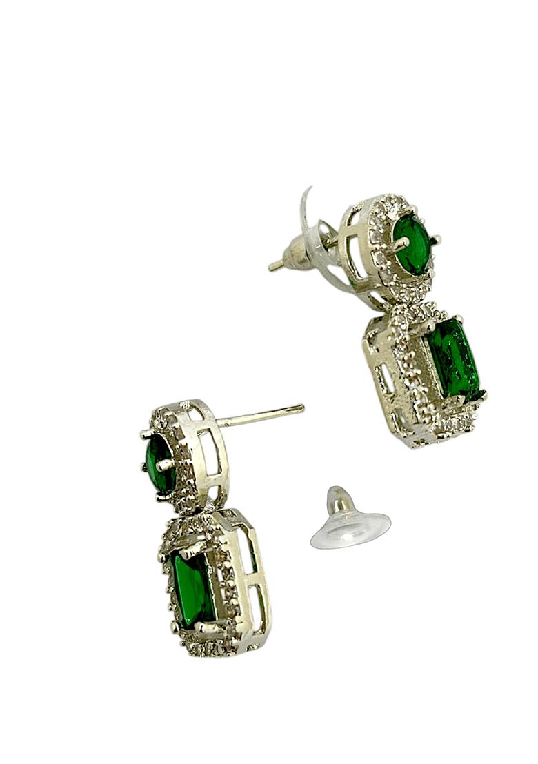 Silver Plated American Diamond Green Drop Earrings