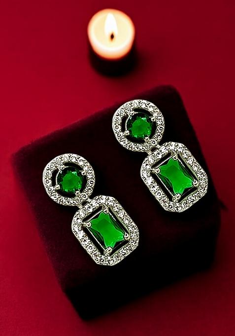 Silver Plated American Diamond Green Drop Earrings