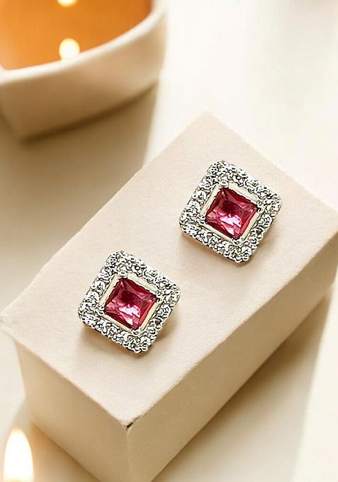 American Diamond Ruby Stone Square Stud Earrings