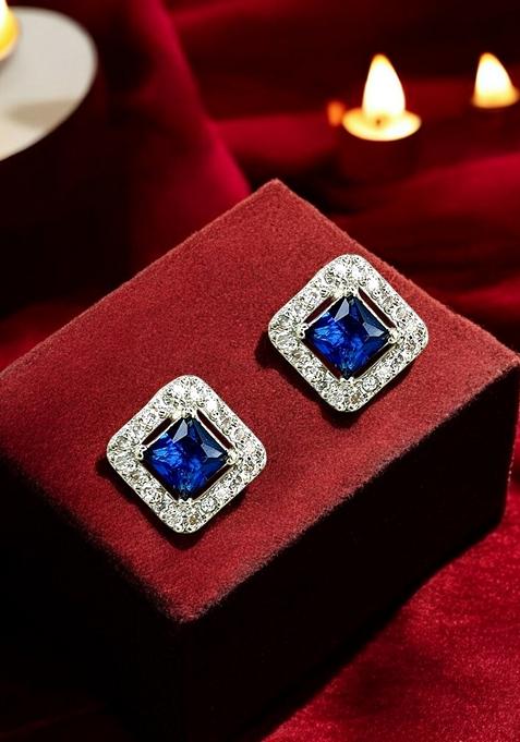 American Diamond Sapphire Blue Square Stud Earrings