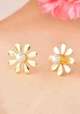 Gold Plated Flower Shaped Pearl Stud Earrings