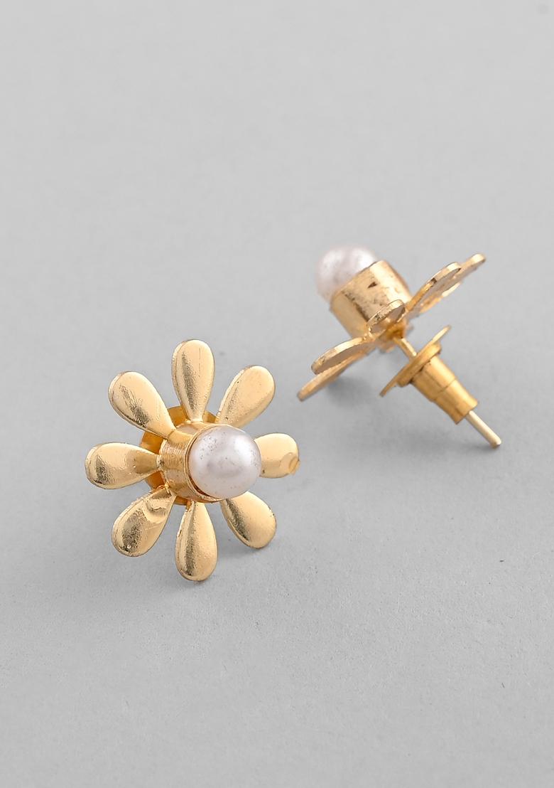 Gold Plated Flower Shaped Pearl Stud Earrings
