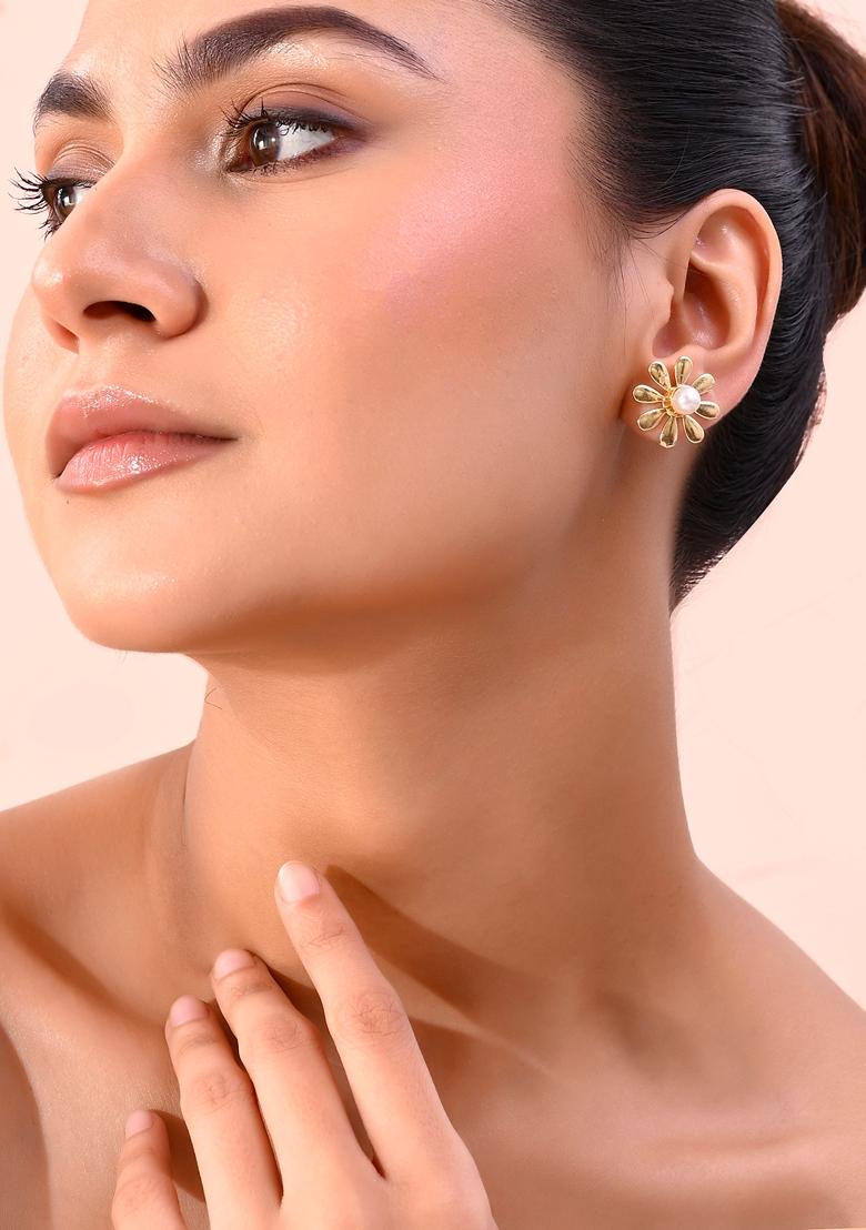Gold Plated Flower Shaped Pearl Stud Earrings